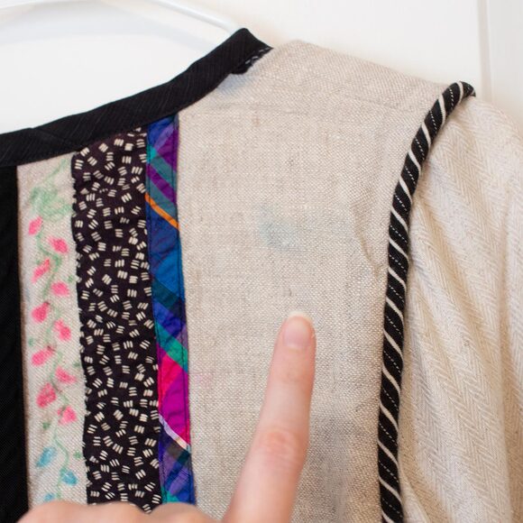 Linen Blend S VTG Lagenlook Lynn Murray Patchwork Pattern Art Boho Blazer FLAW - Picture 9 of 15